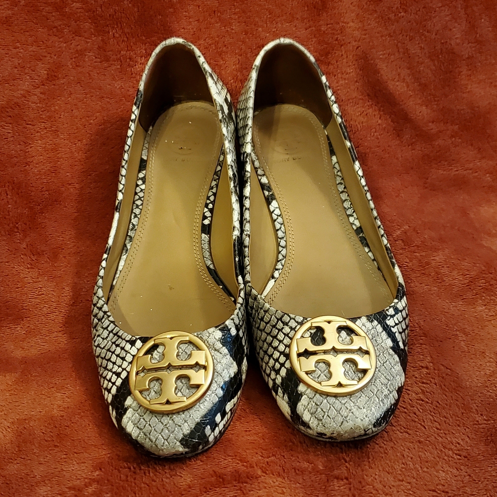 Tory Burch leather Snakeskin Patterned Flats with Gold Accents
